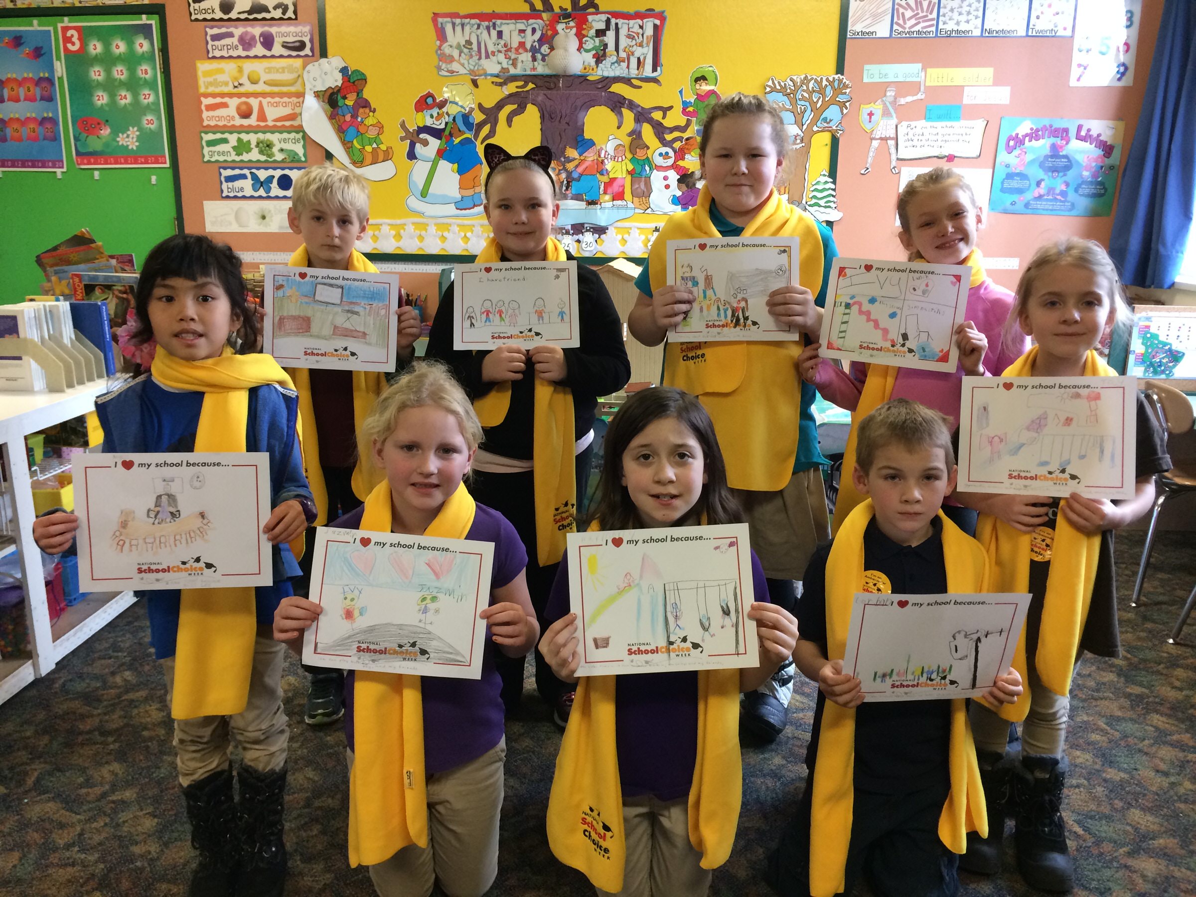 Class with colorful placards at Sonrise Academy, Dallas, TX